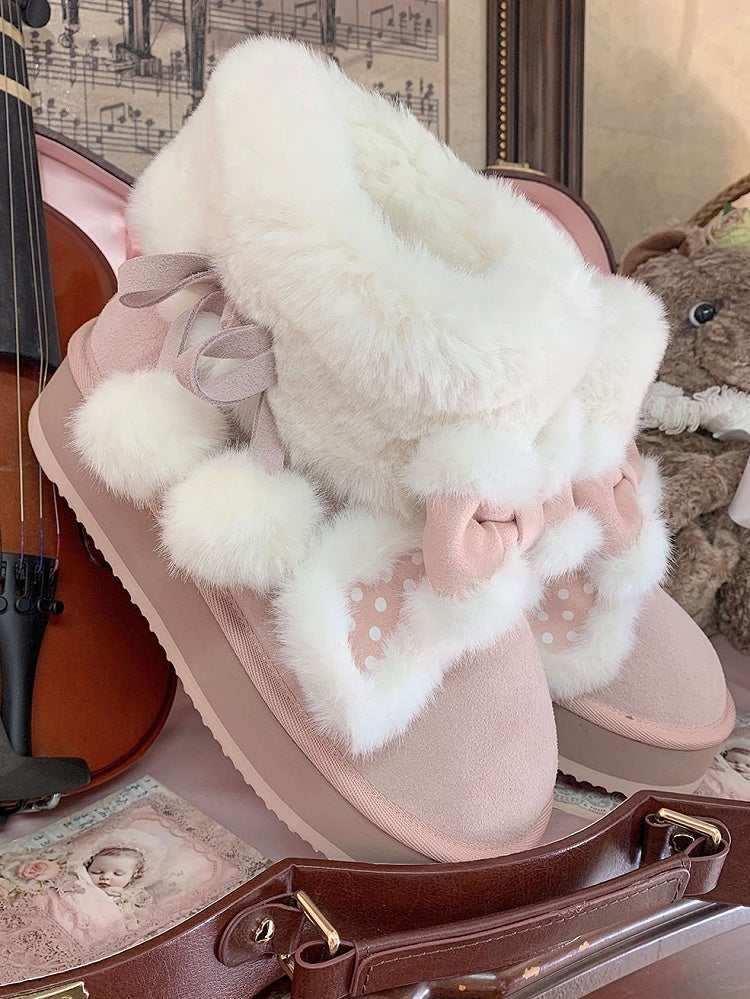 Sweet Winter Polka Boots - Platform Ears Rabbit Plush Lolita Pink Dot