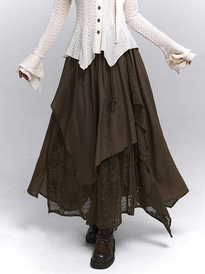 Floral Millard Embroidery Asymmetric Skirt with Elastic Hem Maxi Coffee Waist Dark Punk Wasteland