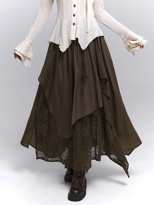 Floral Millard Embroidery Asymmetric Skirt with Elastic Hem Maxi Coffee Waist Dark Punk Wasteland