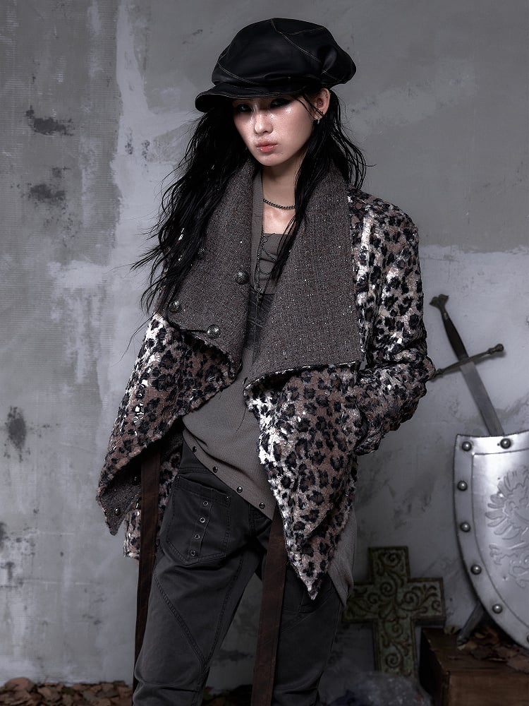 Straps Wool Coat with Tie Vintage Fabric Punk Leopard/Brown PU Reversible