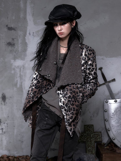 Straps Wool Coat with Tie Vintage Fabric Punk Leopard/Brown PU Reversible