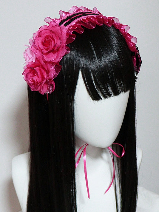 Design with Ruffled Decorated Rhinestone Hairband Black Rose Rosette Red Bowknot