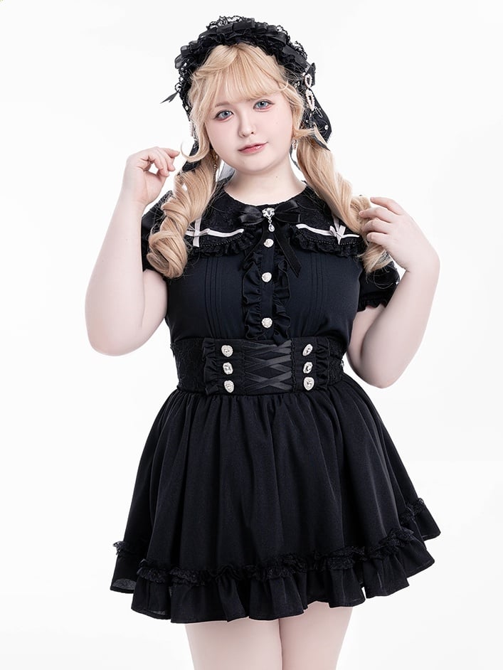 Detail Corset Hem High-Waist Kei Black with Skirt Jirai Ruffle