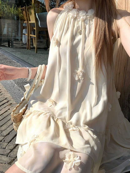 Milk Yellow Halter Dress with Floral Accents - Qchiwawameme