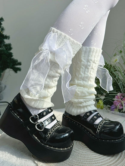Schwarz/Weiße Lolita-Beinwärmer mit Organza-Schleife