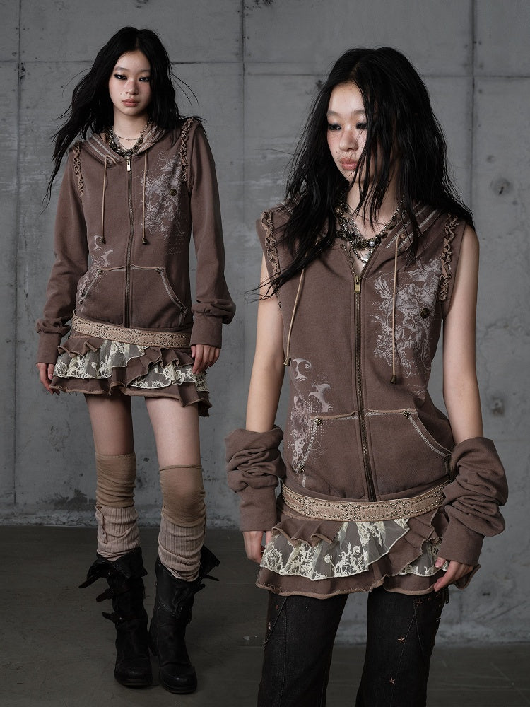 Lace Wasteland with Dress Khaki Hoodie Punk Y2K Tiered Detachable Trim Sleeves