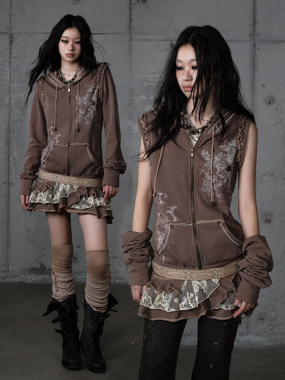 Lace Wasteland with Dress Khaki Hoodie Punk Y2K Tiered Detachable Trim Sleeves