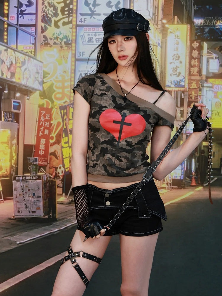 Asymmetrical T-Shirt Neckline Heart and Cross Print Army Green Camo Y2K