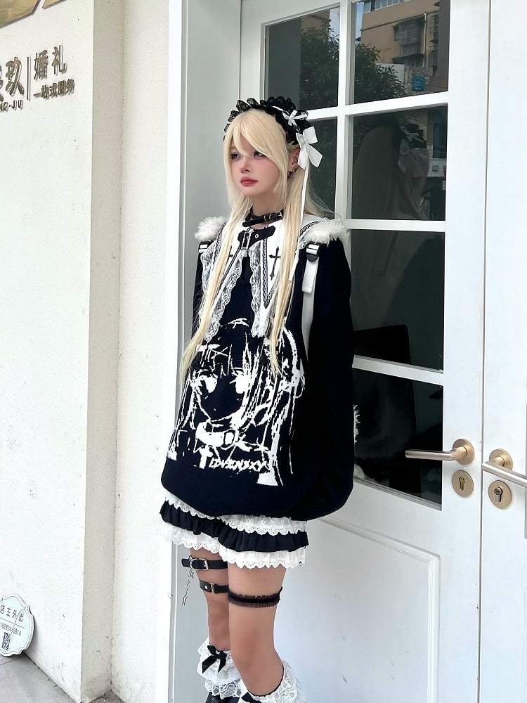 Embroidered Top Cross with Sleeve Collar Black Long Gothic Pointed Flat