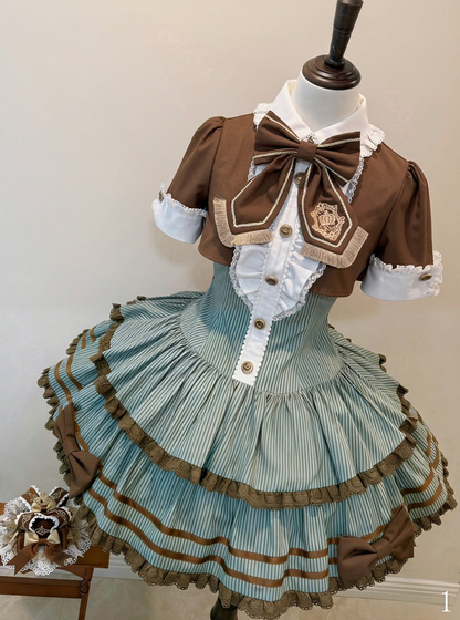 Green and Brown Preppy Striped Two-Piece Gown with Crown Embroidery - Fairy Faith