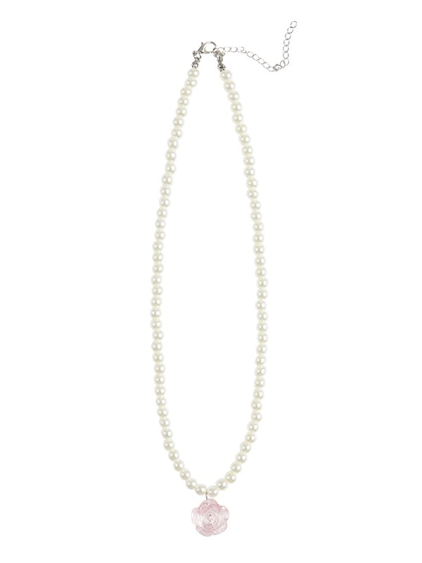 Perlenkette mit weißem Anhänger, rosa Rose
