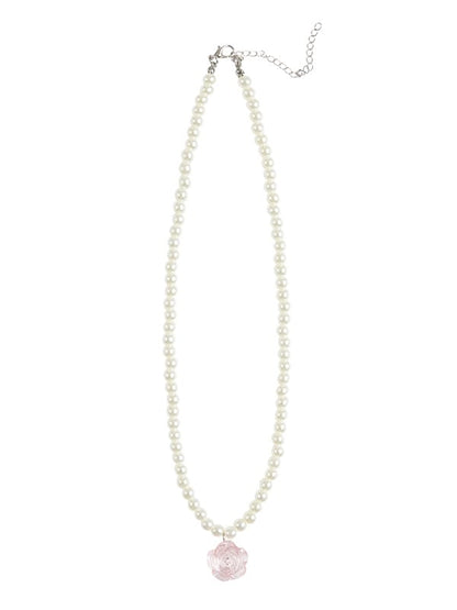 Perlenkette mit weißem Anhänger, rosa Rose