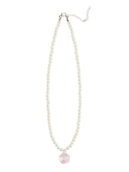 Beaded White Pendant Necklace Pink Rose