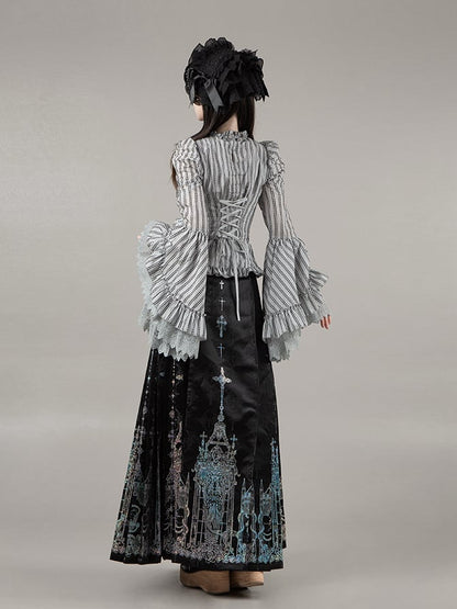 Bell Black Lace Gray Trim Striped Lolita Sleeves Gothic Shirt with Bowtie