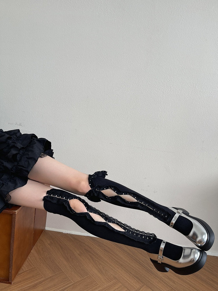 Stockings Ruffle Overknee White/Black Trim