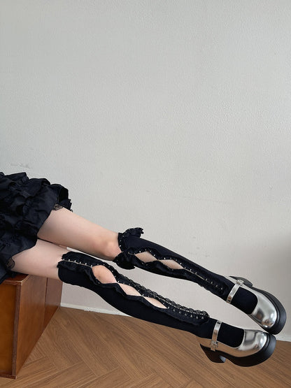 Stockings Ruffle Overknee White/Black Trim