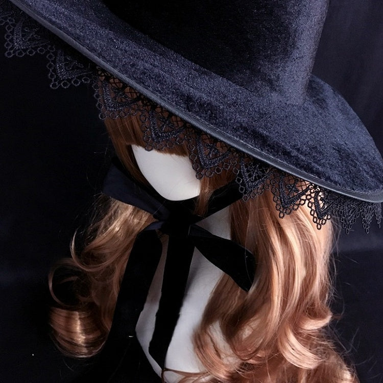 with Lace Trim Pointed Details Witch Brim Black Hat