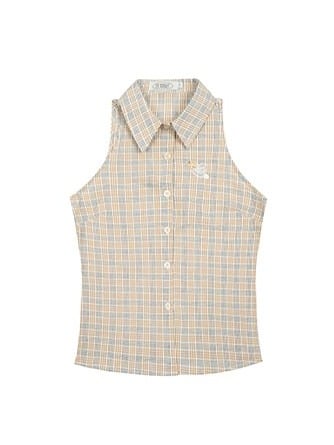 Khaki Sleeveless Top with Plaid Pattern - Rayohopp