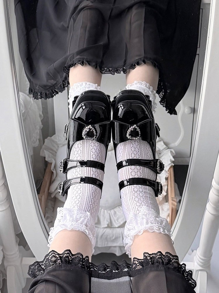 Elegant Black Square Toe Mary Jane Shoes with Heart Decor Buckle Straps - Transfer Student