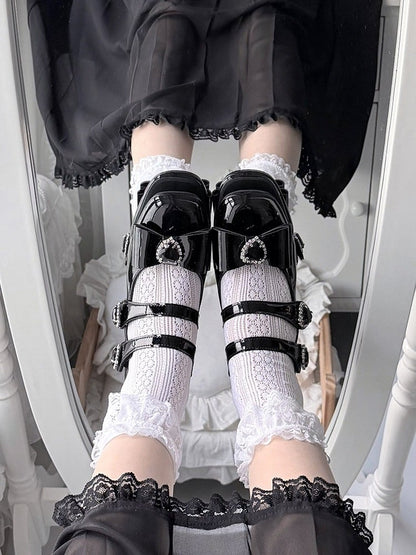 Elegant Black Square Toe Mary Jane Shoes with Heart Decor Buckle Straps - Transfer Student