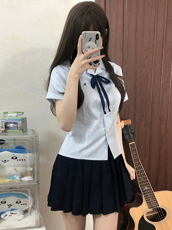 Short Sleeves Preppy Style Uniform Shirt Blue/Gray/Green Striped JK Pattern