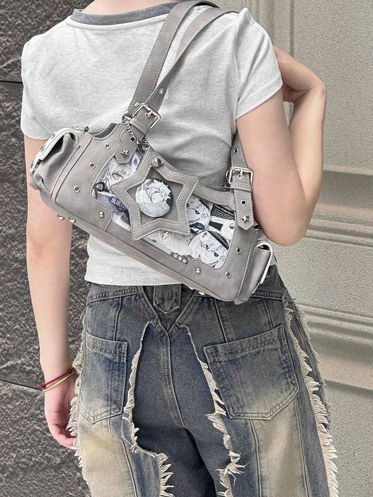 Gray Y2K Ita Star Shoulder PU Charm Bag With
