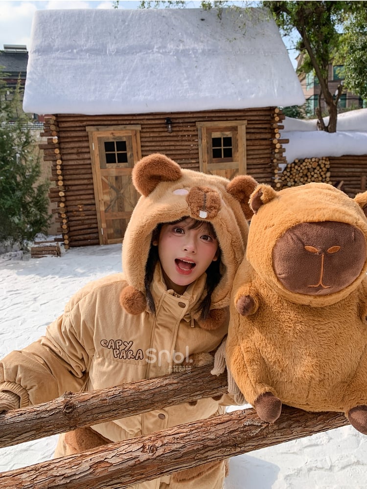 Khaki Cute Capybara Adorned Hooded Down Jacket Detachable Hood