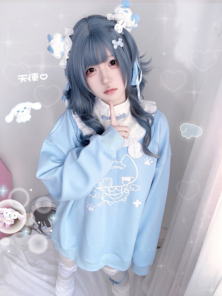 with Collar Kitten Sweatshirt and Print Frog Button Style Detachable Angelic Cheongsam Blue/Black Landmine