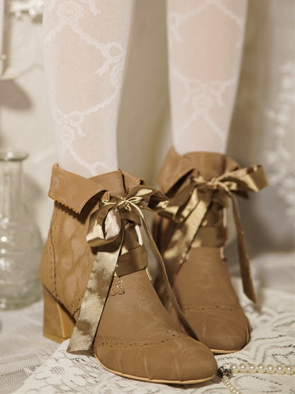 and Boots Fleece Ankle Fold-Over Cuff Design Lolita Brown Lining Plush - with Elegant Lace-Up