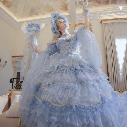 with Hime Dress Bead Lolita Floral Available Length Gorgeous and Blue Plus Accents Floor Hanayome Wedding Sizes