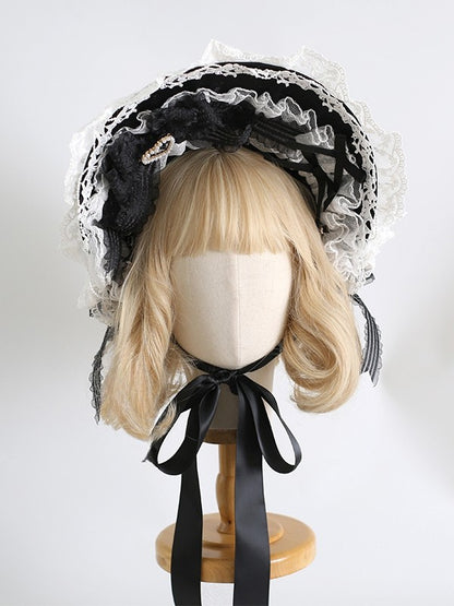 WhiteBlack Lace Lolita Sweet Decorated Beaded Trim Design Bowknot Bonnet Heart