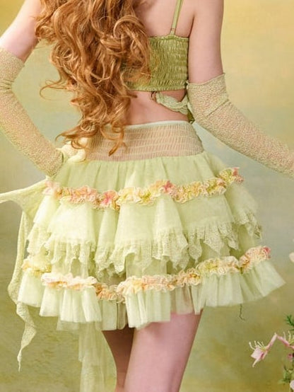 Green Fairycore Mori Layered Lace Skirt with Asymmetrical Hem - Virtual Orbit