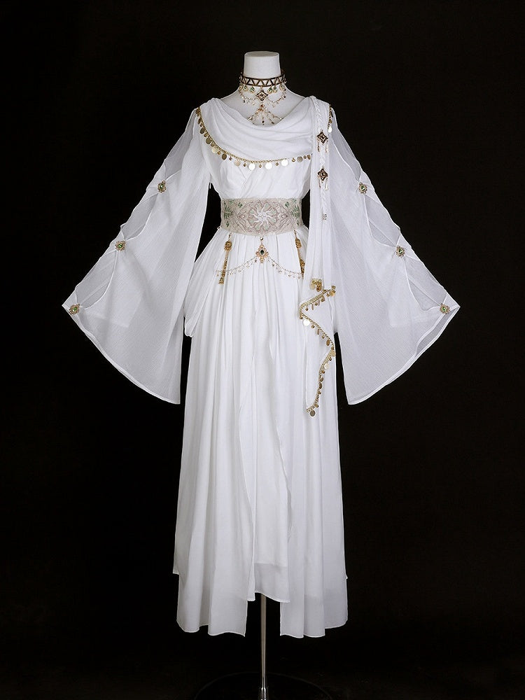 Greek-inspired White Lolita Gold Chiffon Corset Dress + Belt with Accents Embroidered