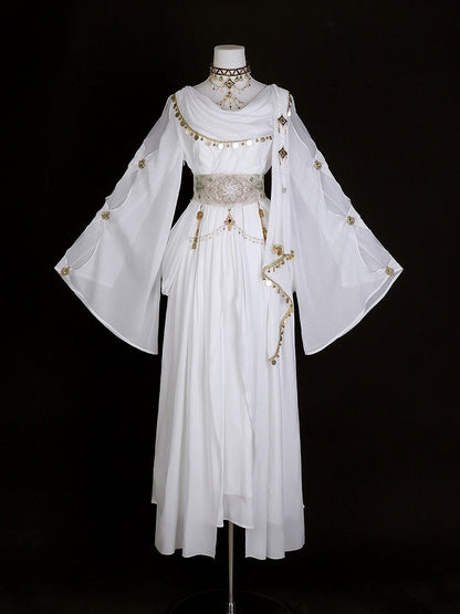 Greek-inspired White Lolita Gold Chiffon Corset Dress + Belt with Accents Embroidered