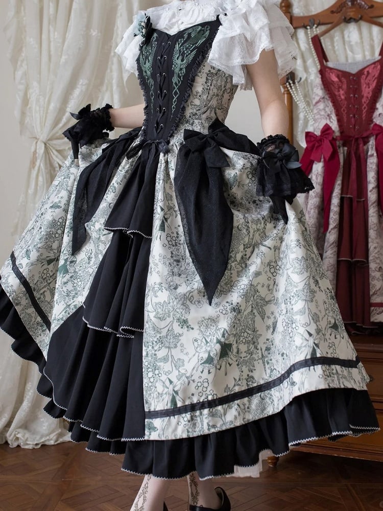 Green Forest Elegant with Print Animals Dress Lolita Bodice and Corset