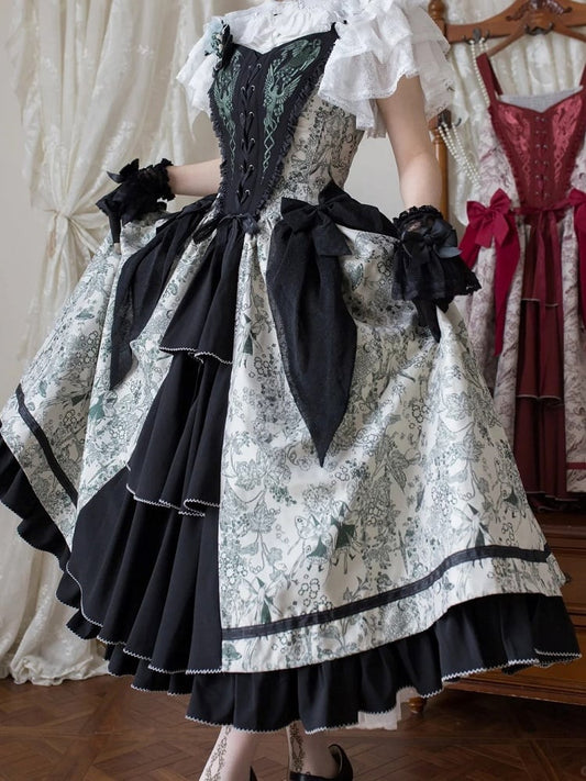 Green Forest Elegant with Print Animals Dress Lolita Bodice and Corset