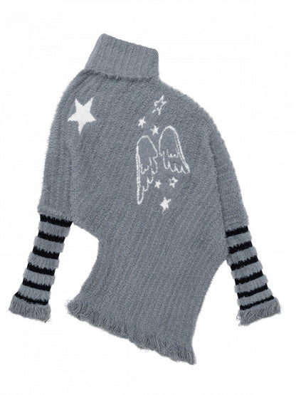Cool Season Kawaii Gray Asymmetric Faux Mohair Star Wing Sweater - Languid Park