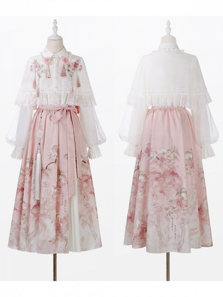 Pink and White Chinese-Style Long-Sleeved Top Set with Floral Print Skirt and Lace-Trimmed Chiffon Cape - Han Ru Chu Hanfu &amp; Han-Element Studi