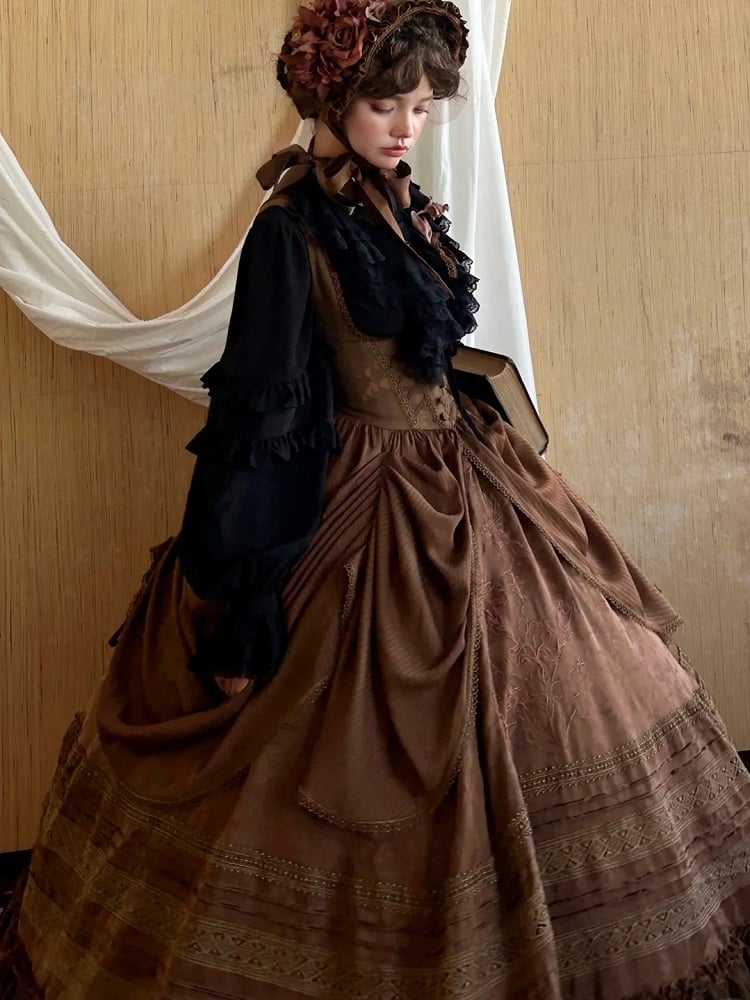Lolita Brown Bust with Under Waist Embroidery Dress Detail Gothic Boned