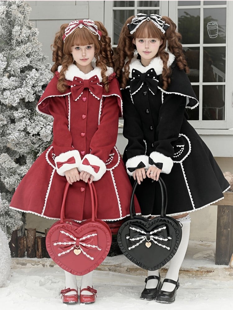 Christmas Red/Black Lolita Woolen Cape Coat with Heart Pockets & Beaded Chains and Plush Details