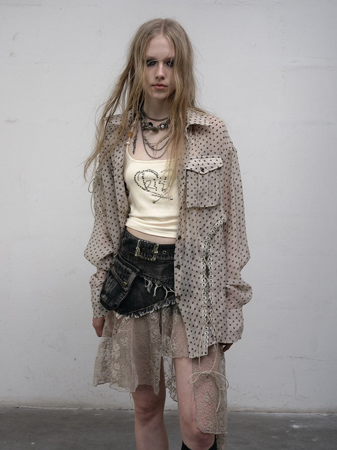 Apricot Laces Shirt with Cross-Tie Punk Dot Side Chiffon Polka Slits