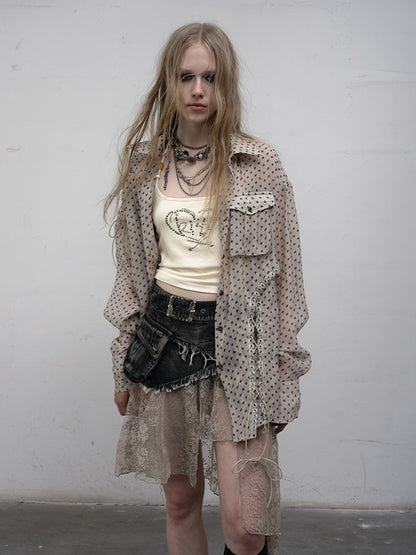 Apricot Laces Shirt with Cross-Tie Punk Dot Side Chiffon Polka Slits