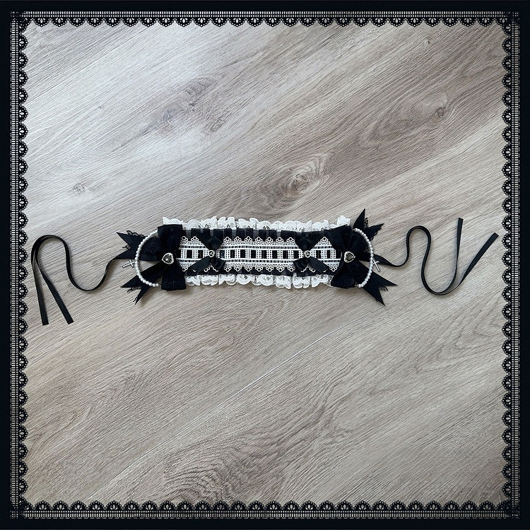 Chain Trim Ruffled with White Black Dangling Hairband: Cross Jirai Kei Beaded Lace