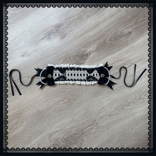 Chain Trim Ruffled with White Black Dangling Hairband: Cross Jirai Kei Beaded Lace