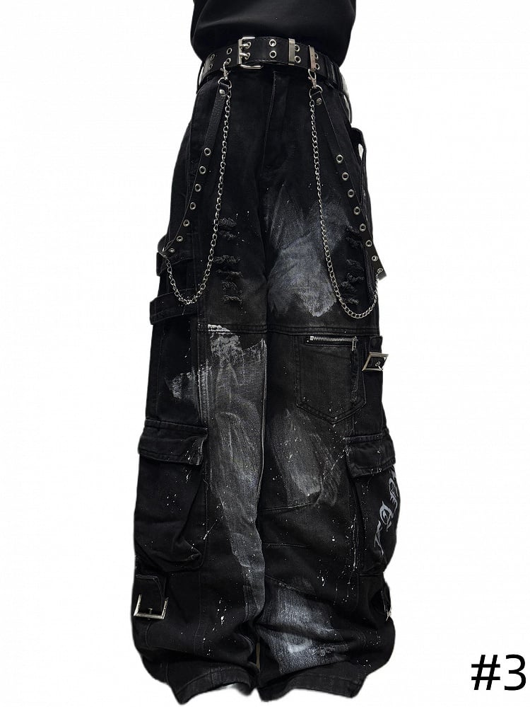 Design Cargo Black Pockets with Jeans Wide-leg Distressed