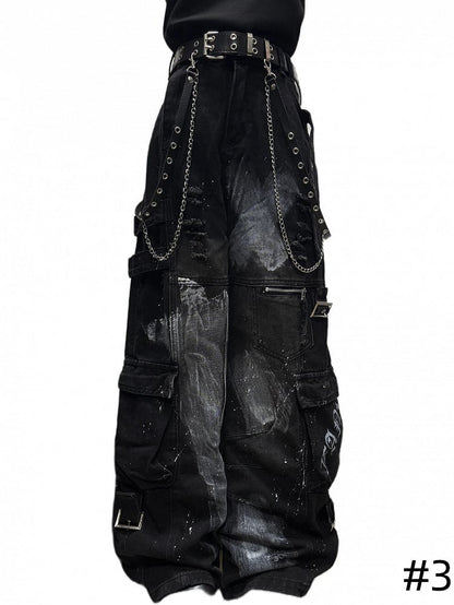 Design Cargo Black Pockets with Jeans Wide-leg Distressed