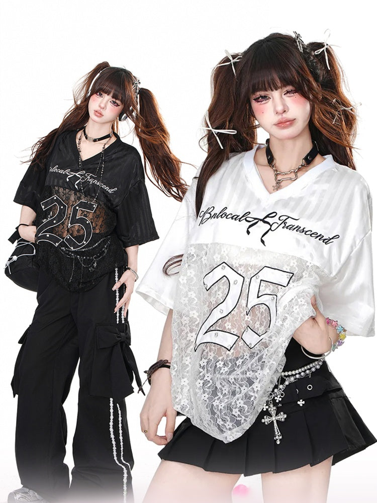Black/White V-Neck Number Print Contrast Lace Patches Loose T-shirt