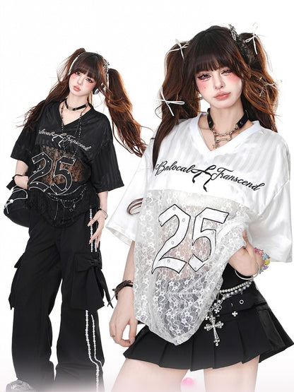 Black/White V-Neck Number Print Contrast Lace Patches Loose T-shirt