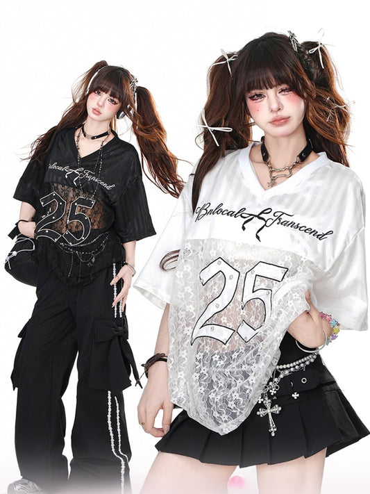 Black/White V-Neck Number Print Contrast Lace Patches Loose T-shirt