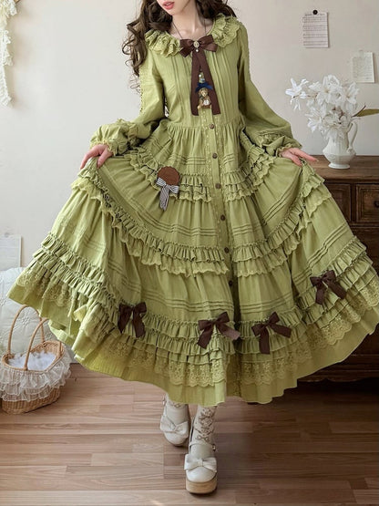 Sleeves Green Olive Design Long One Piece Ruffle Elegant